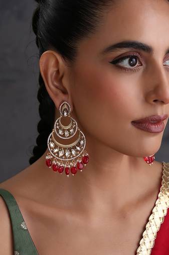 Gold plated ruby red kundan chandbali earrings