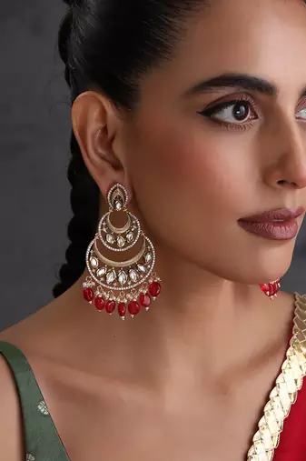 Gold plated ruby red kundan chandbali earrings