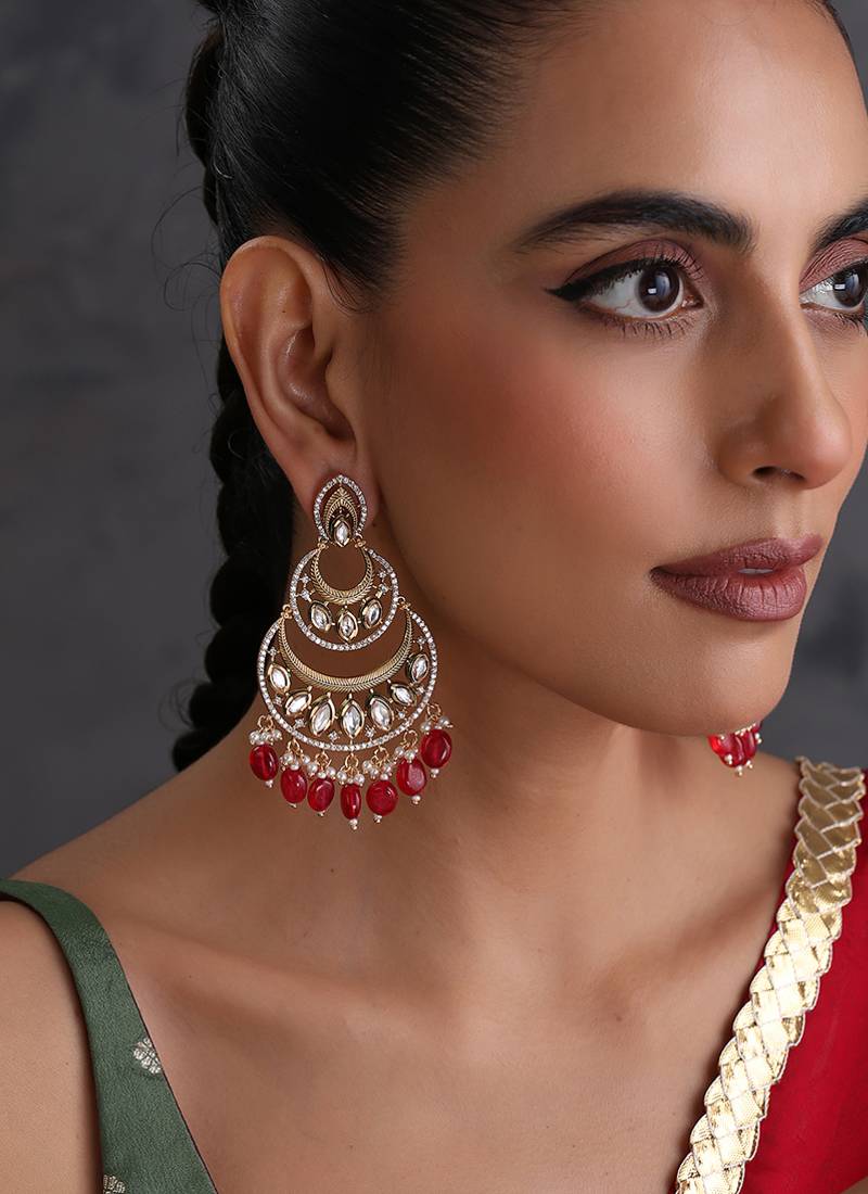 Gold plated ruby red kundan chandbali earrings