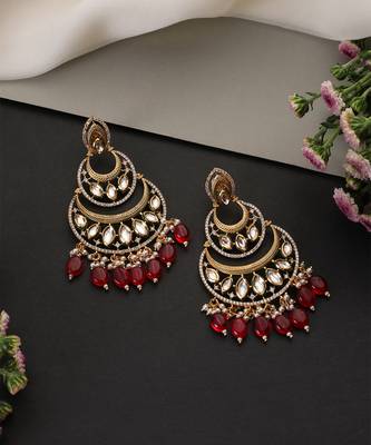 Gold plated ruby red kundan chandbali earrings 2