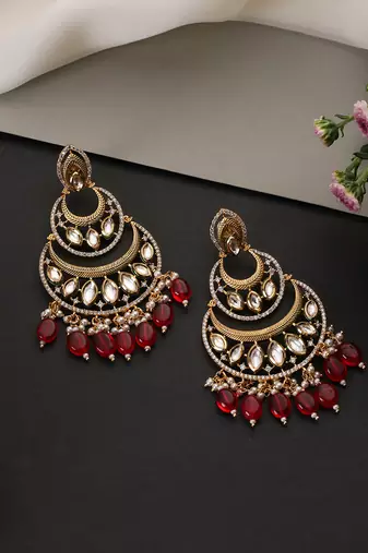 Gold plated ruby red kundan chandbali earrings