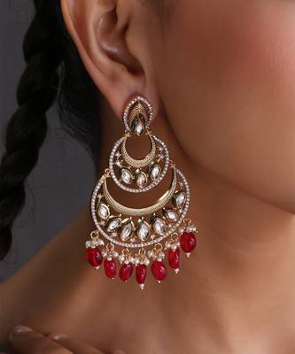 Gold plated ruby red kundan chandbali earrings 3