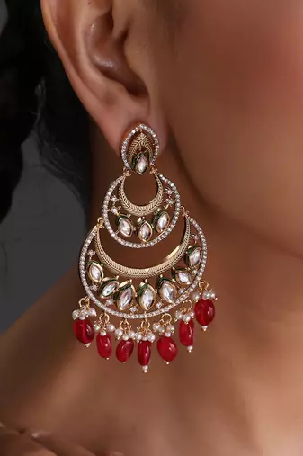 Gold plated ruby red kundan chandbali earrings