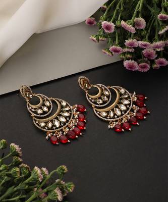Gold plated ruby red kundan chandbali earrings 4
