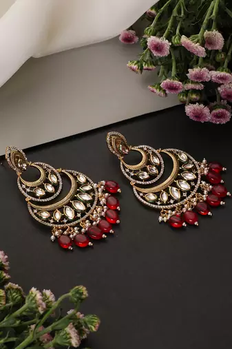 Gold plated ruby red kundan chandbali earrings