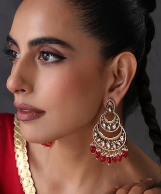 Gold plated ruby red kundan chandbali earrings 5
