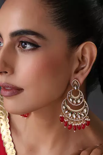 Gold plated ruby red kundan chandbali earrings
