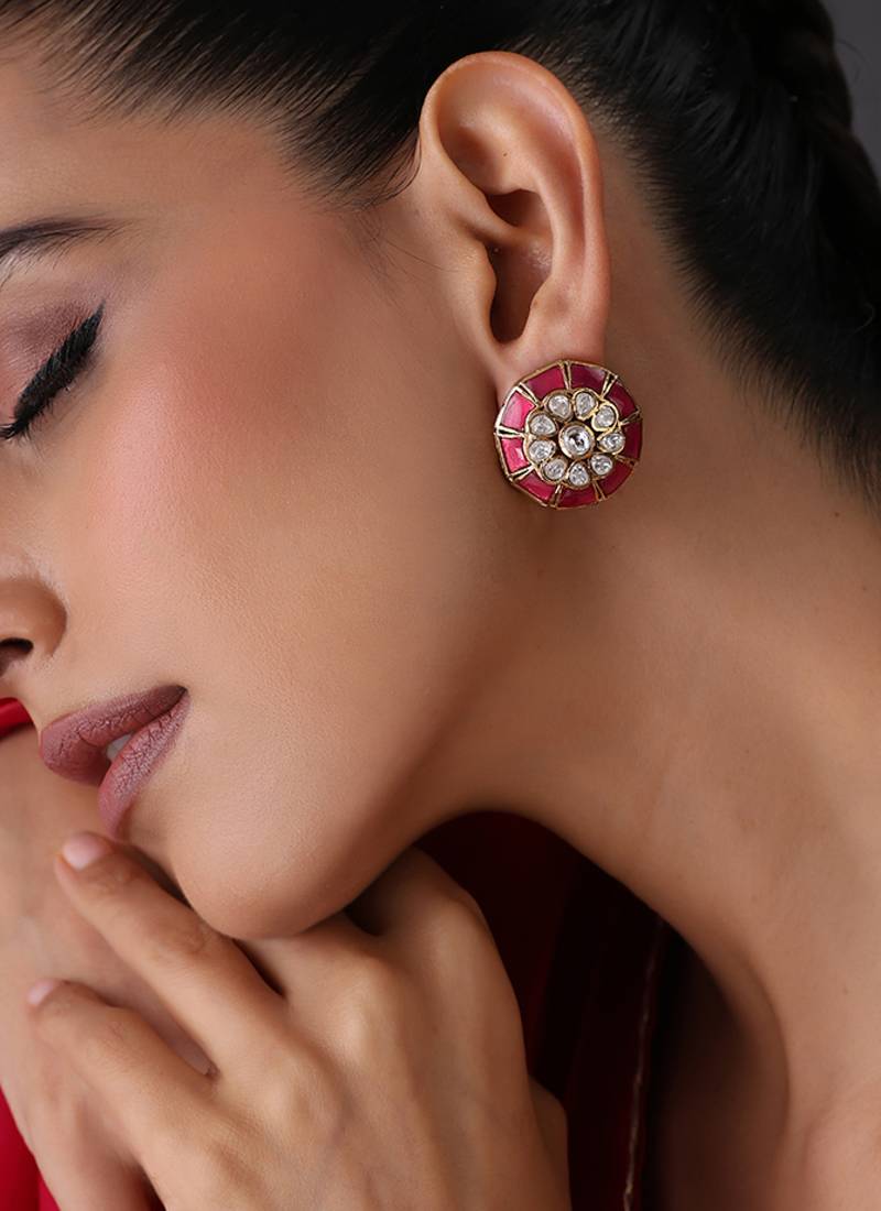 Ruby red polki stud earrings