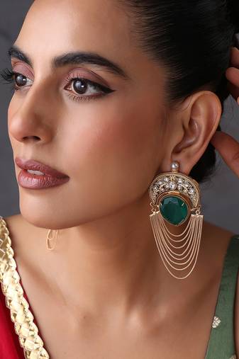 Gold plated emerald green polki dangler earrings