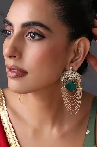 Gold plated emerald green polki dangler earrings