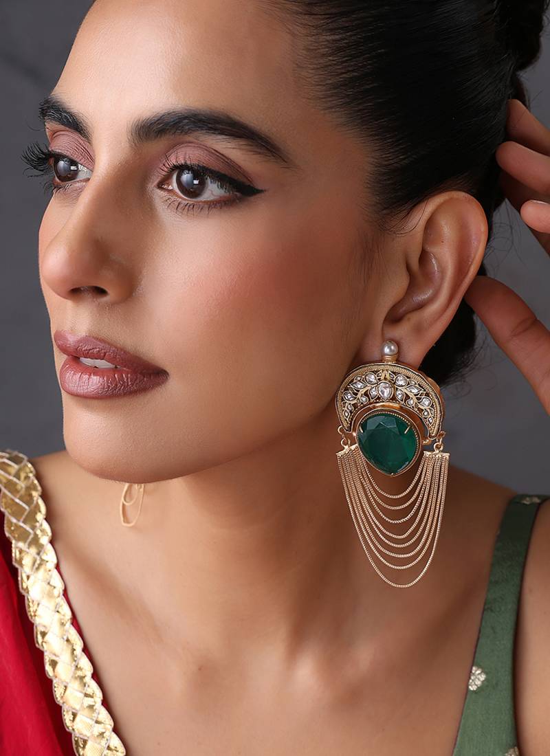 Gold plated emerald green polki dangler earrings
