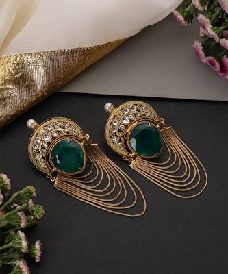 Gold plated emerald green polki dangler earrings 2