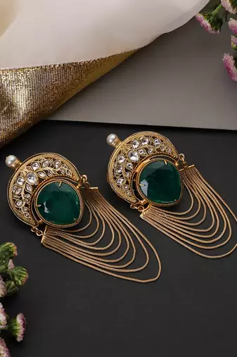 Gold plated emerald green polki dangler earrings