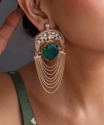 Gold plated emerald green polki dangler earrings 3