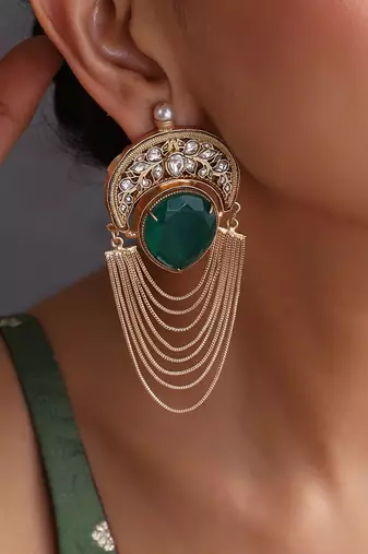 Gold plated emerald green polki dangler earrings