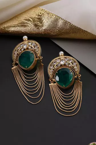 Gold plated emerald green polki dangler earrings