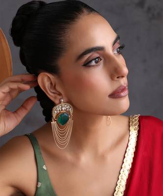 Gold plated emerald green polki dangler earrings 5