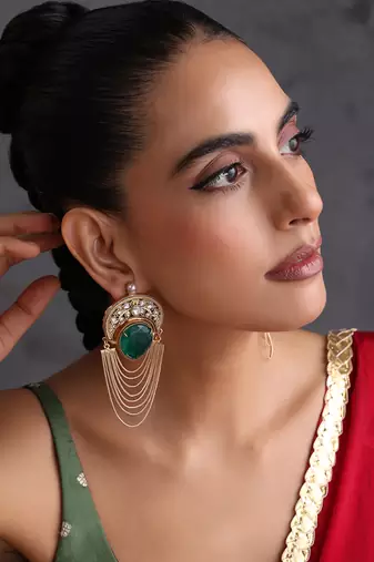 Gold plated emerald green polki dangler earrings
