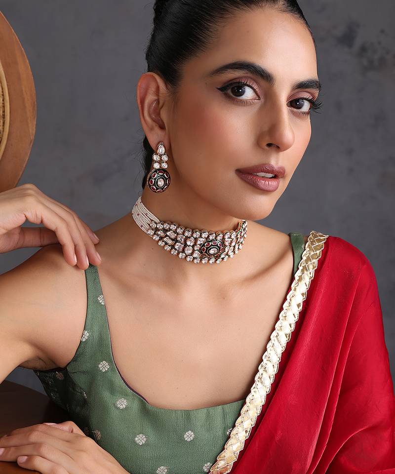 Red and green kundan choker necklace set