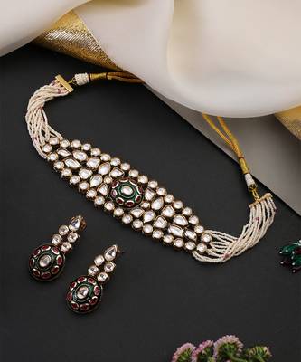 Red and green kundan choker necklace set 2