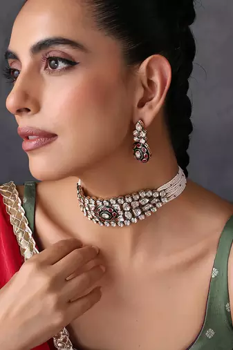 Red and green kundan choker necklace set
