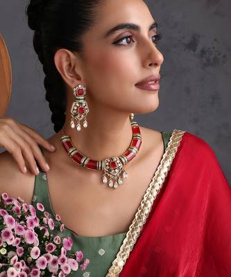 Gold plated ruby red polki necklace set 1
