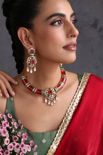 Gold plated ruby red polki necklace set
