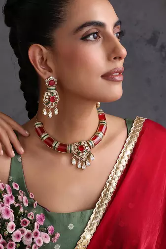Gold plated ruby red polki necklace set