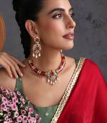 Gold plated ruby red polki necklace set