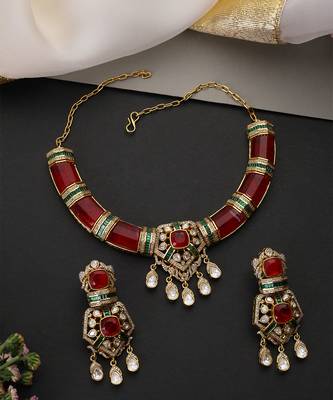 Gold plated ruby red polki necklace set 2