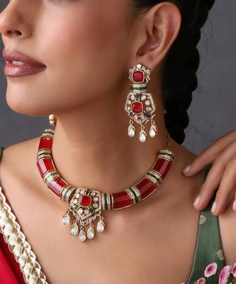 Gold plated ruby red polki necklace set 3
