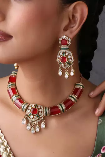 Gold plated ruby red polki necklace set