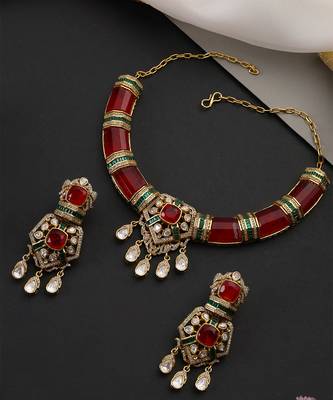 Gold plated ruby red polki necklace set 4