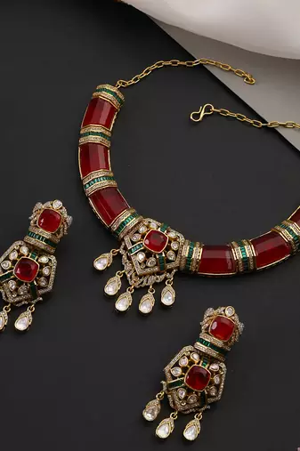 Gold plated ruby red polki necklace set