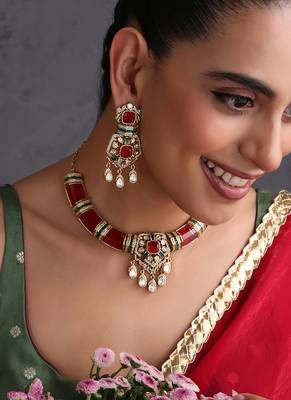 Gold plated ruby red polki necklace set 5