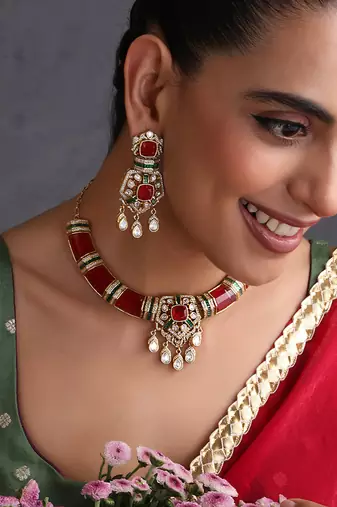 Gold plated ruby red polki necklace set