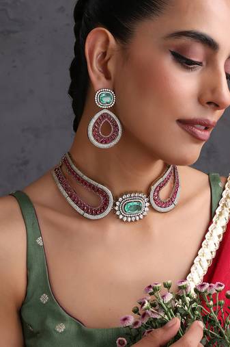 Emerald green ruby pink zirconia choker set