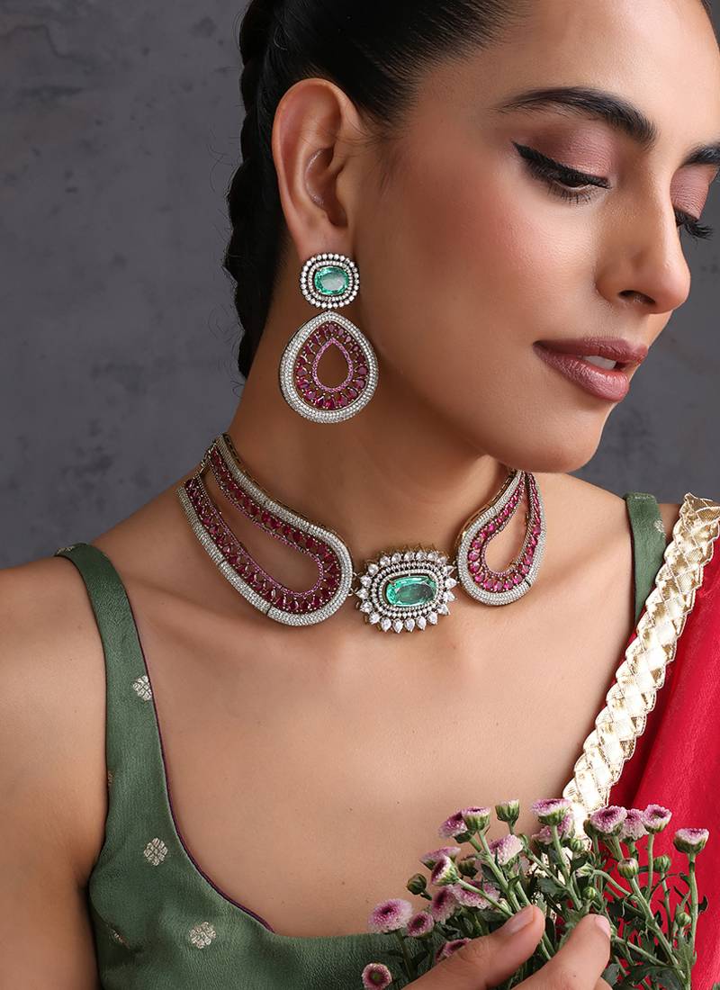 Emerald green ruby pink zirconia choker set