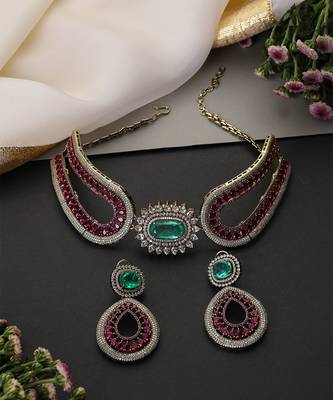 Emerald green ruby pink zirconia choker set 2