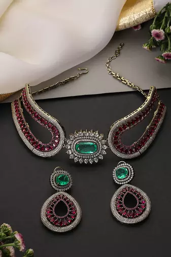 Emerald green ruby pink zirconia choker set