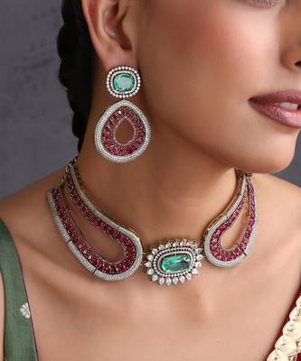 Emerald green ruby pink zirconia choker set 3