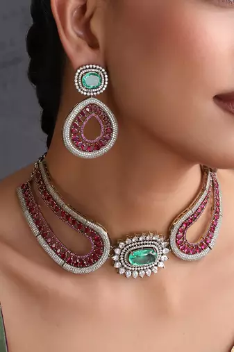 Emerald green ruby pink zirconia choker set