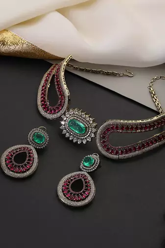 Emerald green ruby pink zirconia choker set