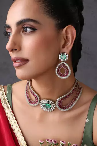 Emerald green ruby pink zirconia choker set