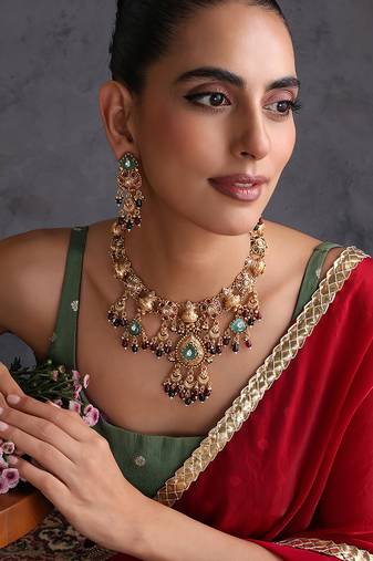 Gold plated multicolor temple motif necklace set