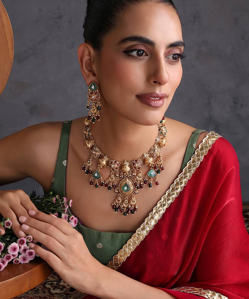 Gold plated multicolor temple motif necklace set