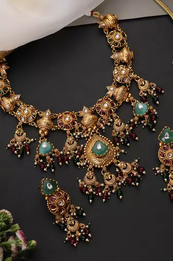 Gold plated multicolor temple motif necklace set