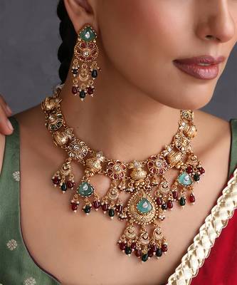 Gold plated multicolor temple motif necklace set 3