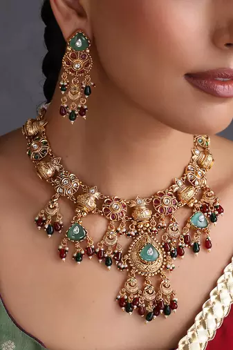 Gold plated multicolor temple motif necklace set