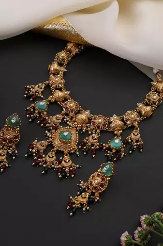 Gold plated multicolor temple motif necklace set
